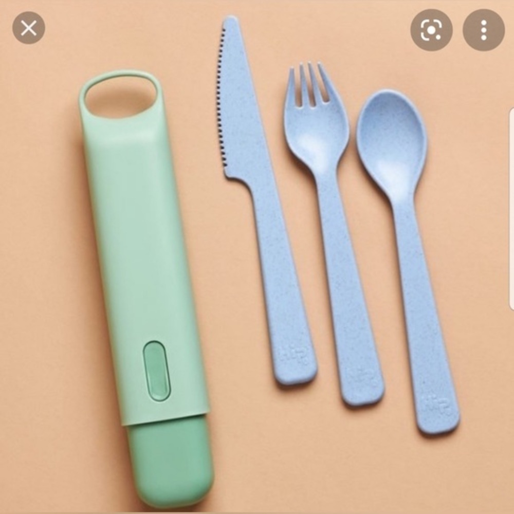 HIP Cutlery Set: Knife + Fork+ Spoon + Carrying Case Blue/Green NWT Sustainable